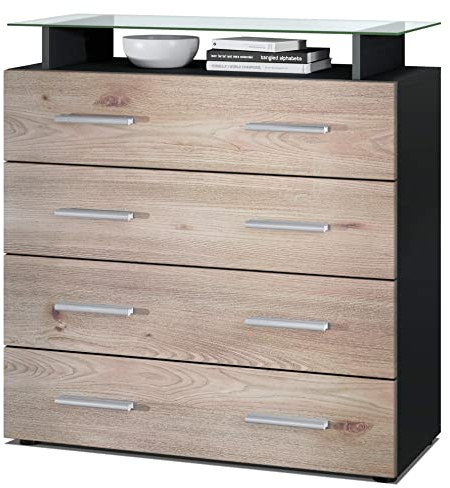 Vladon Sideboard Pavos V2, Kommode mit 4 Schubladen und Glasablage, Schwarz matt/Eiche Nordic (76 x 81 x 35 cm)
