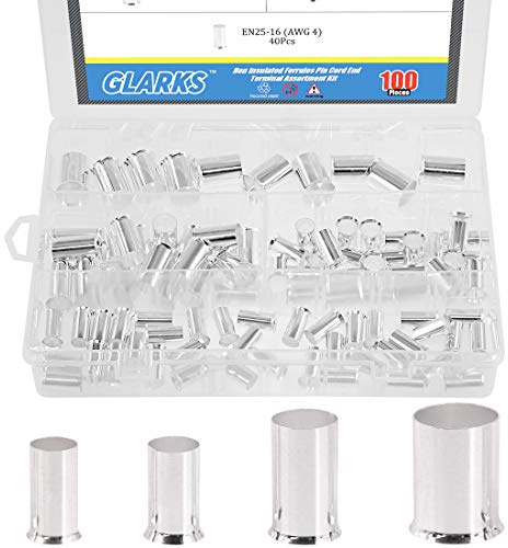 Glarks 100Pcs AWG 4 2 1 2/0 Wire Copper Crimp Connector Silver Plated Non Insulated Ferrules Pin Cord End Terminal Assortment Kit