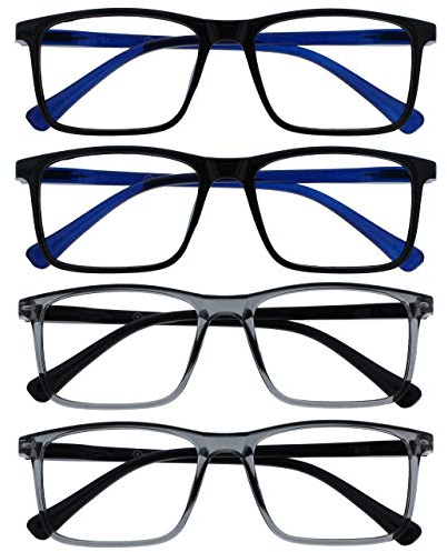 OPULIZE INK Reading Glasses - Value 4 Pack - Large Rectangular Frame - Spring Hinges - Scratch Resistant - Black Grey - Mens Womens +1.00