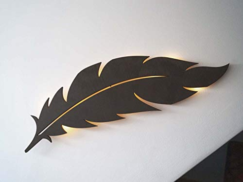 Wanddeko Feder Holz Natur Wandbild mit LED Beleuchtung, Wandschmuck Wand Deko Wohnzimmer, Schlafzimmer, Esszimmer, Flur, Küche Hotel Zimmer und Bad