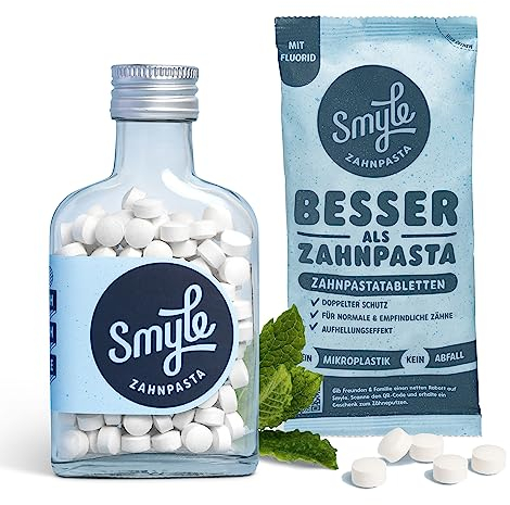 Smyle Zahnputztabletten mit Fluorid | 100% plastikfrei | vegan | ideal für unterwegs | Starter-Kit mit 125 Zahnpastatabletten | 2 Monate Vorrat