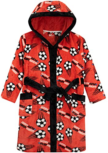 Harry Bear Football Dressing Gown, Boys Dressing Gown, Cosy Boys Bathrobes, Red 5-6 Years