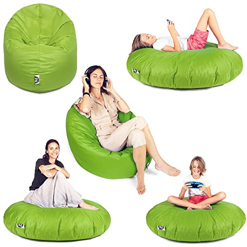 PATCH HOME Patchhome Sitzsack 2 in 1 Sitzkissen Bodenkissen für Erwachsene & Kinder - Gaming mit Füllung Kissen Sessel BeanBag (Ø 145cm, Kiwigrün)