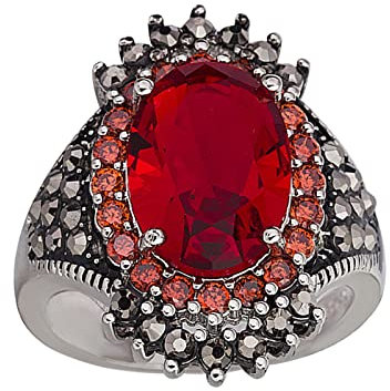 Colorful Vampir Vintage Thai Silber Großer Ring Ring Roter Granatapfel Schmuck Übertriebener schwarzer Erzring Ringe für Eternal Hochzeit Damen Herren (Rot, 7)
