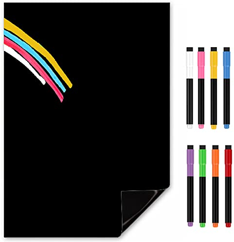 TMS Tafel-Magnet für Kühlschrank | A4 Magnetische Kreidetafel-Blatt mit trocken abwischbaren Farbkreidestiften | Schwarze Memo-Tafel für Essensplanung und Notizen [30 x 21 cm]