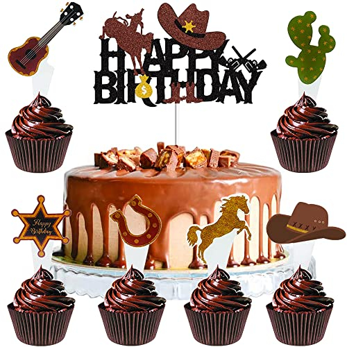 MEZHEN Cowboy Tortendeko Pferde Kuchen Deko Geburtstag Cupcake Topper Western Cowgirl Muffin Deko Torte Happy Birthday Kindergeburtstag Deko Herbst Hochzeit Geburtstagsdeko 25 Stück