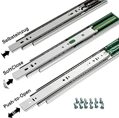 BRESKO Schubladenschienen 1 Paar 25-70 cm Teilauszug Vollauszug Selbsteinzug SoftClose Push-to-Open inkl. Schrauben (Selbsteinzug, Länge: 600 mm)