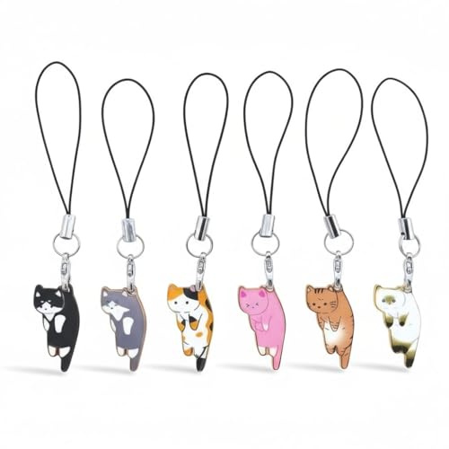 6 Stück Katzen-Handyanhänger, ästhetischer Handy-Charm, Kawaii, mit handgefertigten, niedlichen Anhängern, Dekoration, Metall, ohne Edelstein, Metall, Kein Edelstein