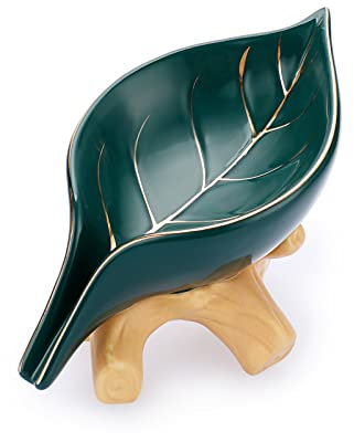 JUXYES Porte-savon en céramique auto-drainant, porte-savon en forme de feuille unique en forme de feuille, plateau de savon drainable, économiseur de savon pour baignoire, porte-savon cascade pour