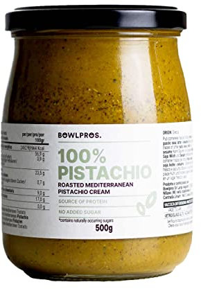 Bowlpros, Crema 100% Pistacchi Mediterranei Tostati, Crema Spalmabile di Pistacchi, Pistacchi Sgusciati non Salati, Senza Zucchero, Vegan, Confezione da 500g