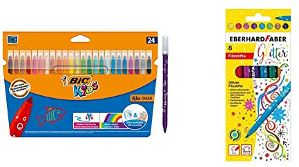 BIC Kids Filzstifte Kid Couleur, Fasermaler zum Malen in 24 auswaschbaren Farben,ab 5 Jahre & Eberhard Faber 551008 - Glitzer Filzstifte in 8 leuchtenden Farben, Minenstärke 3 mm