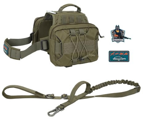 OLIFE Taktischer Hunderucksack & Leine Hundegeschirr 900D Polyester Satteltasche Hunderucksack Einstellbar Molle Hund Rucksack für Mittelgroße Große Hunde(OD Grün)