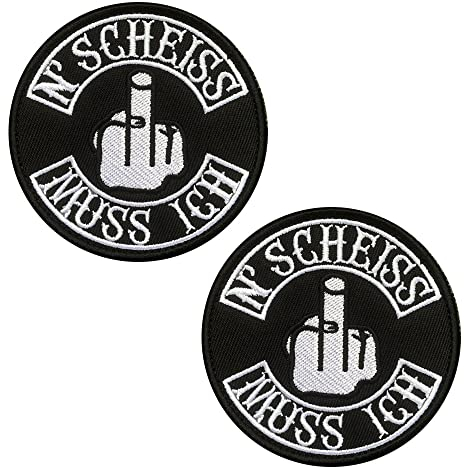 2 Stück Mittelfinger N'SCHEISS MUSS ICH Bestickt Aufnäher Patch mit Hook and Loop, Middle Finger Fxxk Aufnähen Fun Patch für Bikers Moto Jeans Jacken Kleidung Taschen Rucksack Uniform