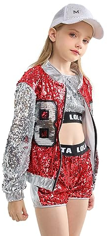 LOLANTA 4 stycken flickor med paljetter dansdräkt för barn hiphop street dansklänningar set med strumpor, röd, 5-6 år, 120