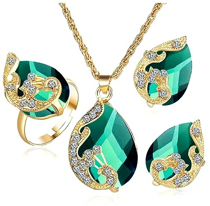 TOEECY Schmuckset für Damen und Mädchen Kristalle Pfau Anhänger Halskette Ohrringe Ringe Set Schmuck Set Zirkonia Geschenk Brautschmuck(Grün)