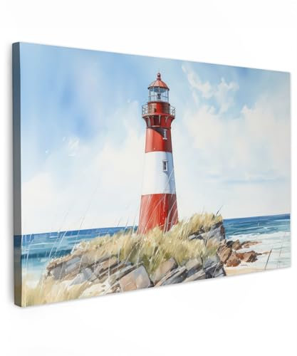 MuchoWow© Bilder Groß 120x80 cm XXL Wohnzimmer Deko Modern Wandbild Foto auf Leinwand Bild Schlafzimmer Room Decor Geschenke Maritime - Leuchtturm - Felsen - Meer - Natur - Maritim