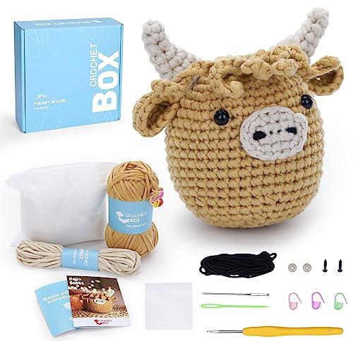 CROCHET BOX Complete Crochet Kit for Beginners - Highland Cow Crochet Kit, Include Video Tutorial, Instruction, Soft Yarn, Birthday Gift for Adults.
