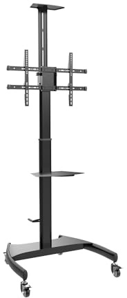 AISENS - FT70TE-169 - Soporte de Suelo Eco con Ruedas y Manivela, Bandeja para DVD y Soporte de Cámara para Monitor/TV 50Kg de 37-70, Negro