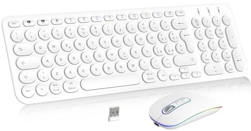 PINKCAT Tastiera e Mouse Wireless, Bluetooth e 2.4 G Tastiera e Mouse, Batteria Ricaricabile Design Ergonomico Set tastiera e mouse per PC/Tablet/Windows, iOS, Mac OS - Bianca