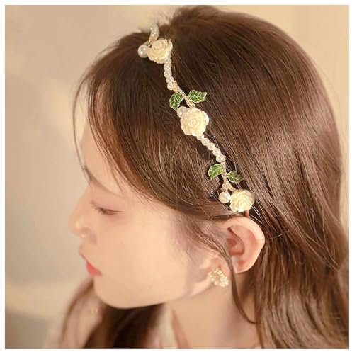 Bandeau à cheveux vintage des années 1920 avec perles de rose et feuilles de camélia, accessoire pour femmes et filles (blanc)