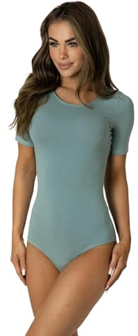 Alkato Body Damen Kurzarm aus Baumwolle – Bequemer Damen Body mit Rundhalsausschnitt und Druckknopfverschluss, Farbe: Mineralgrün, Größe: M (Short 158-164 cm)