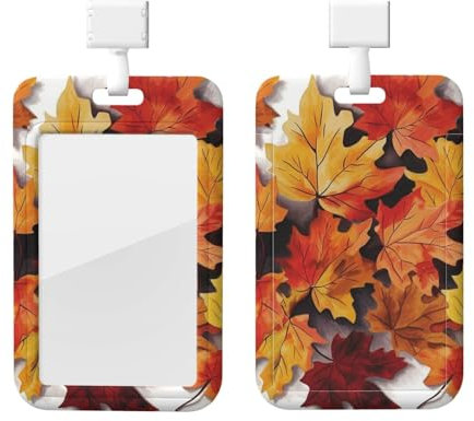 Porte-badge avec lanière - Motif feuilles d'automne - Pour infirmière, médecin, bureau, nom de bureau, poche pour carte de crédit
