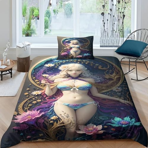 ESSAHI Sexy Mädchen 3D Print Bettwäsche-Set Mit Reißverschluss Dreiteiliger Weiche Mikrofaser Und Kissenbezug Für Erwachsene Teenager Kinder Anime Bettwäsche Single（135x200cm）