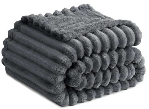 RUIKASI Fleece Throw Blanket for Sofa - Double Fluffy Grey Throws for Sofas Large, Soft Warm Blanket Throw for Couch, Luxury Decorative Ribbed Bed Blanket 150x200cm Twin