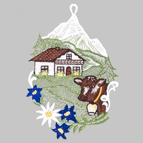 Raebel OHG Fensterbild Fensterdeko Fensteranhänger aus Spitze Plauener Stickerei Frühjahr Sommer verschiedene Motive mit Saugnapf (Alpenglühen)