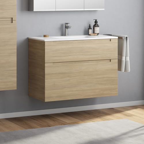 Zentrobad Premium Waschbecken mit Unterschrank 100 cm Eiche Natur Waschtisch Badmöbel Badezimmer Schrank Badschrank mit Zwei Schubladen