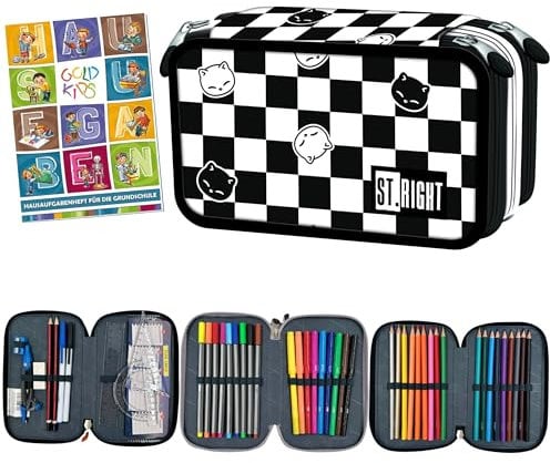 Goldkids - Federmäppchen 3 Fächer - Mäppchen für Mädchen und Jungen - Federmappe 3-Fach Federtasche Gefüllte Schüleretui 46-teilig - Schulmäppchen und Hausaufgabenheft - Chess Cats Motiv