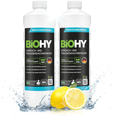 BiOHY Vordach- und Terrassenreiniger (2 x 1 liter) | Bio Konzentrat für Glasdächer, Kunststoffdächer, Wintergärten | Nachhaltige Reinigung & Pflege | Hohe Wirksamkeit und strahlender Glanz
