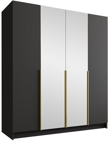 Mirjan24 Kleiderschrank mit Spiegel, Einlegeböden und Kleiderstange Salkor II, Vielseitiger Drehtürenschrank, Elegantes Kleiderschrank 4-türig (Schwarz/Schwarz + Gold)