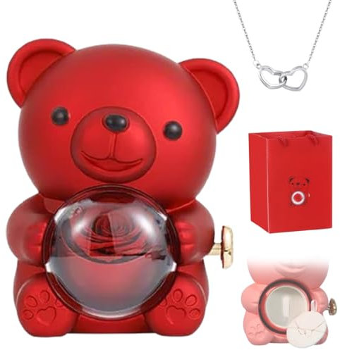 Engraved Heart Necklace With Real Rose Bear Giftbox, Preserved Rose Hug Gifts for Women, Eternal Flowers Flip Jewelry Box for Christmas, Valentine's Day, Birthday (O)