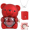 Engraved Heart Necklace With Real Rose Bear Giftbox, Preserved Rose Hug Gifts for Women, Eternal Flowers Flip Jewelry Box for Christmas, Valentine's Day, Birthday (O)