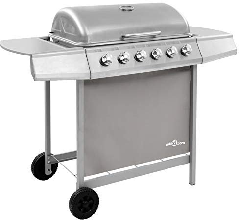IKAYAA Barbacoa a Gas Acero Inoxidable con 6 Quemadores, Barbacoa Portatil, Termómetro, Rejilla de Acero Inoxidable - Barbacoa con Ruedas, 2 mesitas auxiliares Plateado