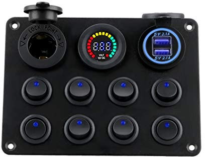 MUEOSI Panneau d'interrupteurs à Bascule for Voiture Marine 8 Gangs, Circuit étanche, voltmètre numérique, Double Port USB, Prise 12-24 V Tableau électrique