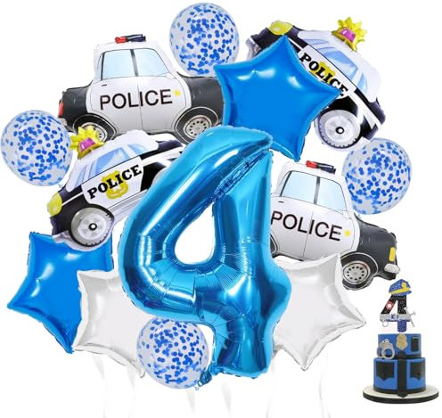 Polizei Geburtstag Deko 4 Jahre, 16 Stück Polizei Luftballon,Dekoration 4 Jahre,Blau Zahl 4 Polizeiauto Folienballons,für Junge Geburtstag Party Motto Party Deko