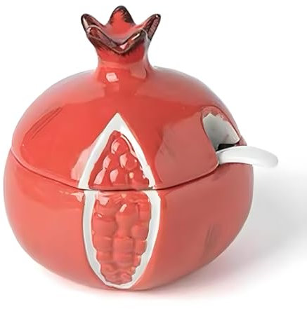 YAMKNICE Hand-Painted Ceramic Fruit Shape Sugar Bowl Spice Jar Seasoning Pot with Lid Spoon,Ceramics Fruit Shaped Sugar Salt Pot Pepper Storage Jar Seasoning Box Condiment Pots (Pomegranate)