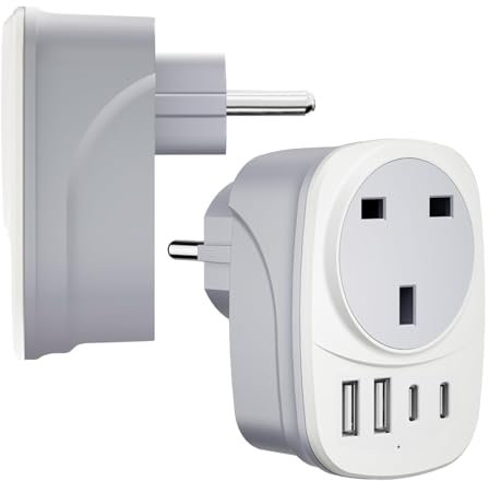 UK to Europe 5-in-1 Travel Adapter with USB & USB-C Ports for Germany, France, Turkey, Spain, Greece, Poland, Egypt, Portugal, Croatia, Iceland