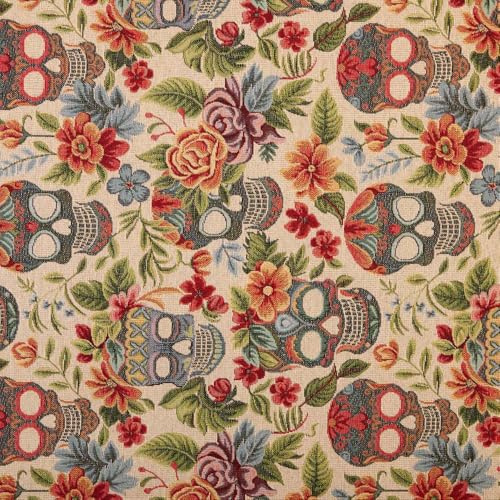 Kt KILOtela - Polsterstoff, Jacquard Gobelin, Polstern von Stühlen, Kissen, Kopfteil, Sofa, Taschen, abriebfest, Nähen, 100 cm Länge x 280 cm Breite, Totenkopf, Beige, 1 Meter