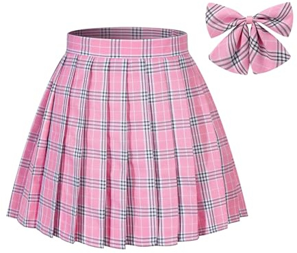 BSJIA Damen Plaid Faltenrock Hohe Taille Japanische JK Schuluniform A-Linie Rock mit Bindebändern, Pink, Groß