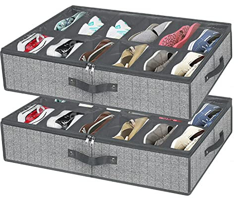 VERONLY Under Bed Shoe Storage Organiser for Closet Fits 24 Pairs-Sturdy Underbed Shoe Storage Box Bins,Set of 2 (Herringbone Grey