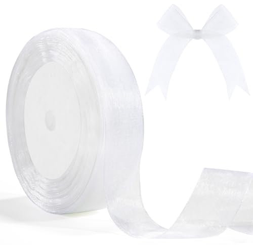 Geschenkband Weiß Organza 25mm 46m Geschenkverpackung Verpackungsbänder Weiß Tüll Geschenkbänder Weiss Bänder Zum Basteln für Muttertagsgeschenk Deko für Hochzeits Taufe Geburtstag Kränze Weihnachten