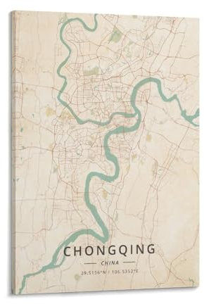 LZTEN Chongqing China-Karten-Poster, Vintage-Druck, Kunst-Wanddekoration, Poster, Familie, Bar, Restaurant, Garage, Café, Kunstschild, Geschenkrahmen, 60 x 90 cm