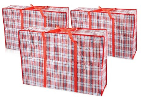 S&D Laundry Bags,Three (3) XL Jumbo Laundry Bags, Heavy Duty Storage Bags Reusable Strong Zip Nylon Large Boxes for Moving House Clothing Toys & Wardrobe Storage (Red)