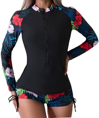 SEAUR Damen Zweiteiliger Rash Guard Badeanzug Langarm UV-Schutz Surfen Bademode Tropische Badeanzug-Tops mit Shorts