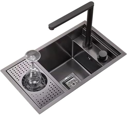 Fregadero Invisible de Acero Inoxidable de un Seno con lavavasos para cafetería, Restaurante, Bar o Caravana. Fregadero pequeño Oculto con Grifo elevable y Tapa, Ahorra Espacio (Negro, 55 x 32 x 23 c