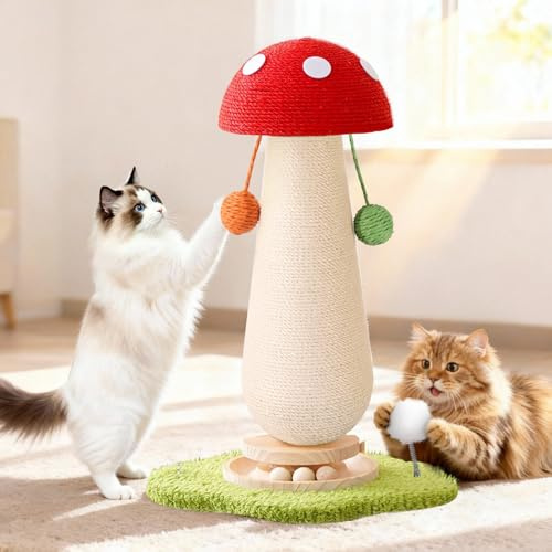 Mushroom Cat Scratching Post, 54cm Tall Sisal Cat Scratcher for Indoor Cats | 2 Hanging Sisal & Spring Balls Cute Cat Tree, with Stable Solid Wood Turntable Toy, for Kittens & Adult Cats