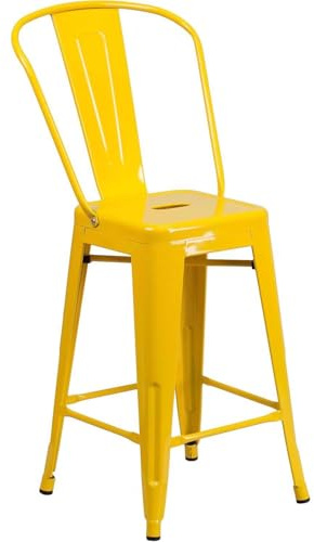 FWStyle Lily Yellow 61.6cm Metal Counter Stool with Removable Backrest - Footrest, Cross Brace – Indoor Outdoor Use for Kitchen, Café, Bar